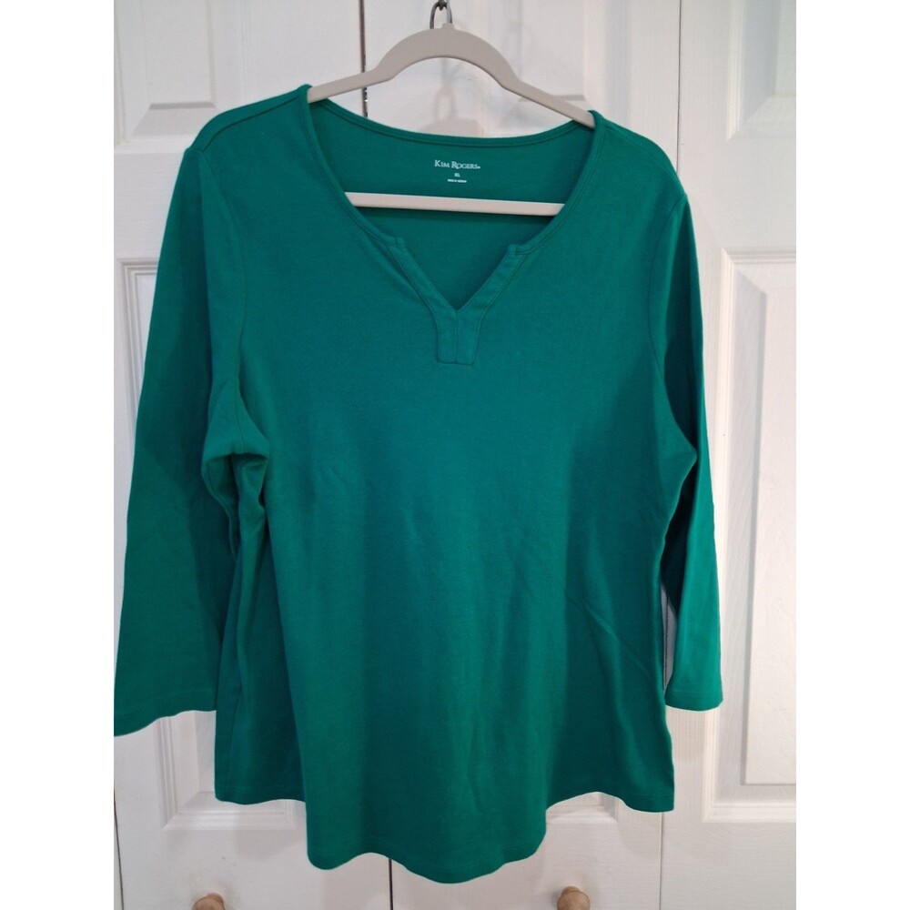Kim Rogers Emerald Green Top Womens Henley Neckline 3/4 Sleeve Solid Knit XL